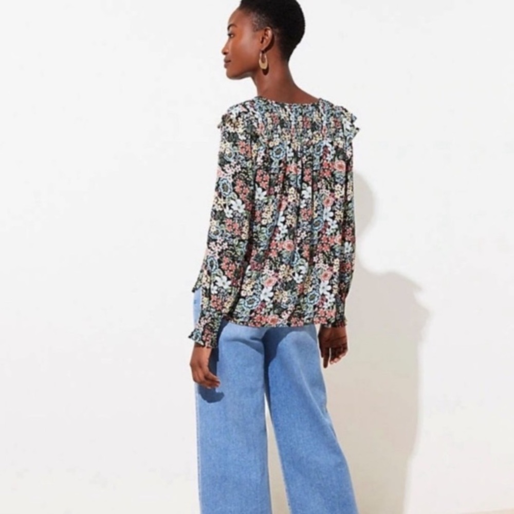 LOFT Multi Color Ruffled Blouse with V-Neckline - Picture 6 of 6